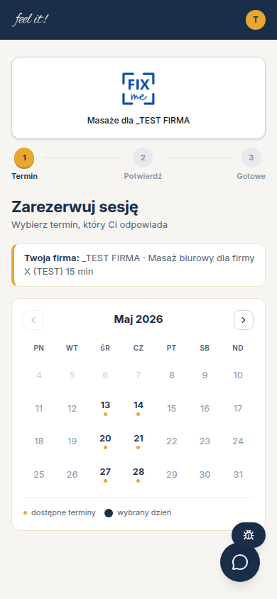 Aplikacja Feel it — wybór terminu sesji